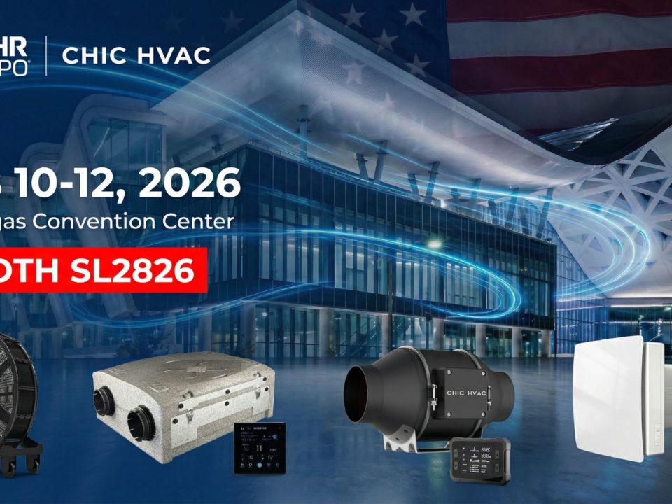 Invitation poster for KCVENTS at AHR Expo 2026 in Las Vegas. Visit Booth SL2826 from Feb 10-12 to see industrial fans and single-room HRV systems.