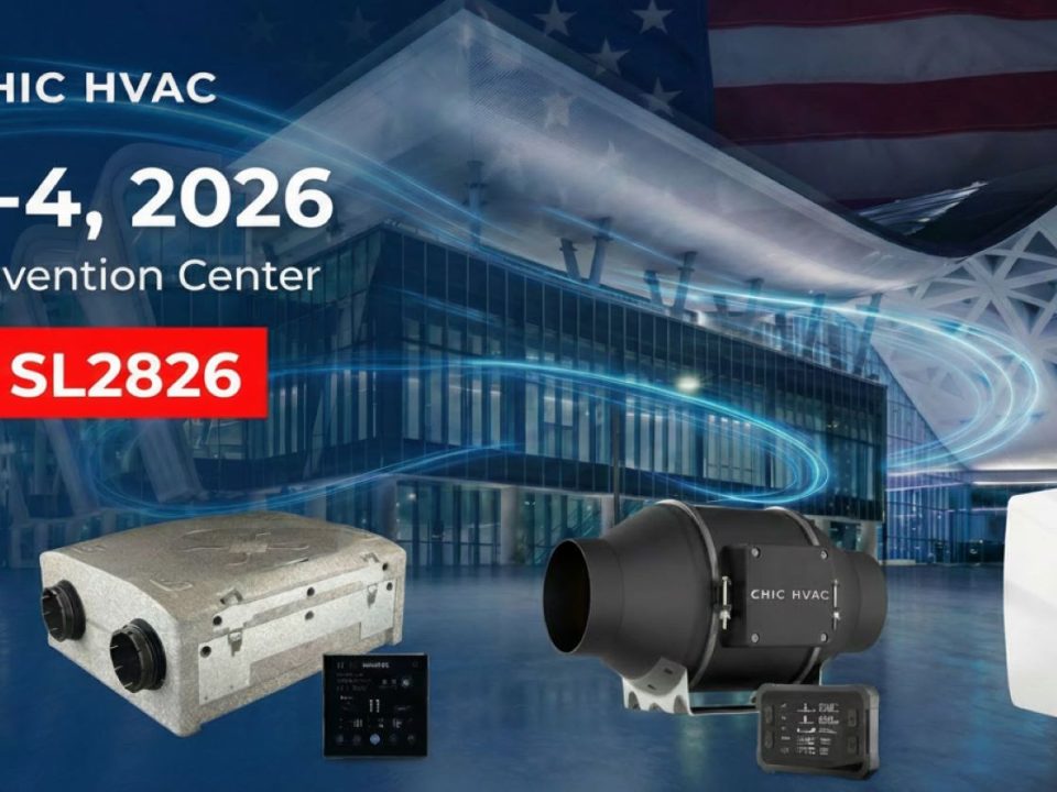 Invitation poster for KCVENTS at AHR Expo 2026 in Las Vegas. Visit Booth SL2826 from Feb 10-12 to see industrial fans and single-room HRV systems.