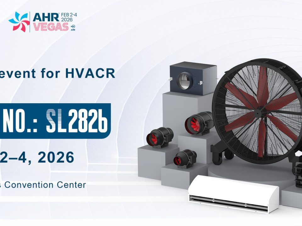 Invitation poster for KCVENTS at AHR Expo 2026 in Las Vegas. Visit Booth SL2826 from Feb 10-12 to see industrial fans and single-room HRV systems.
