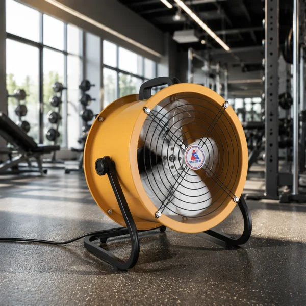 Portable drum fan improving warehouse airflow and summer cooling