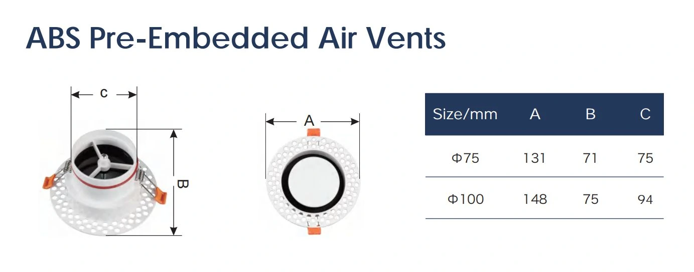 ABS Pre-Embedded Air Vents dimensions for 75mm and 100mm duct sizes