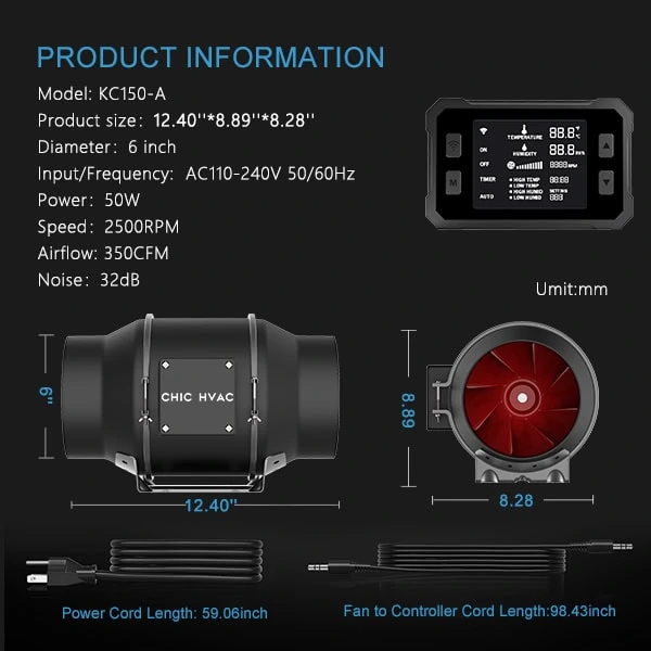 EC Inline Fan With Thermo-hygrometric KC150-A size diagram