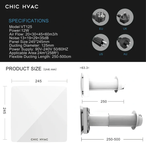 VT125 dimensions airflow noise levels plug options and wall tube length diagram