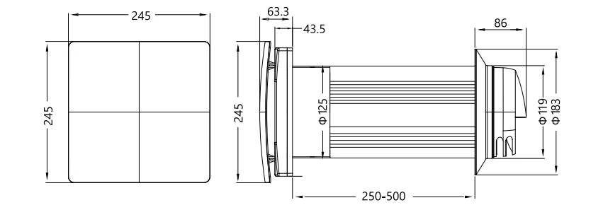 Heat Recovery Ventilator VT125 product size diagram