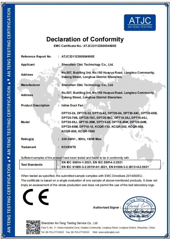 CE EMC Certificate - Inline Duct Fan