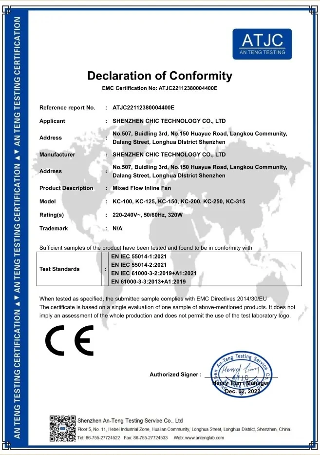 CE EMC Certificate - Mixed Flow Fan