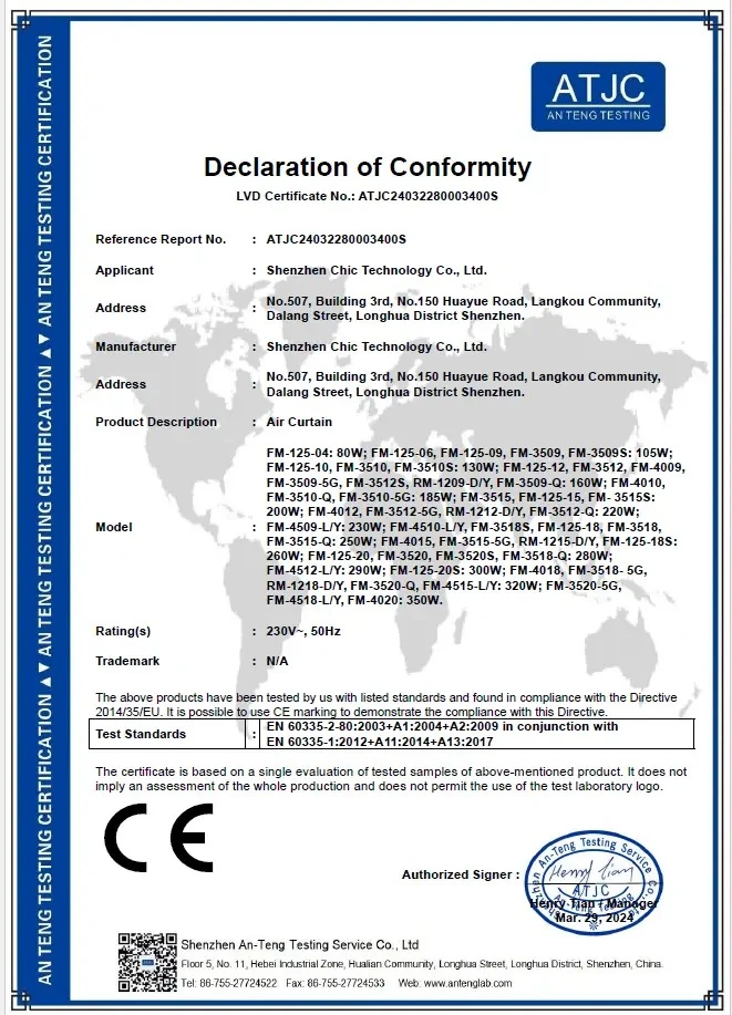 CE LVD Certificate - Air Curtain
