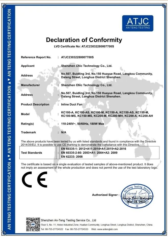 CE LVD Certificate - 110V Fan