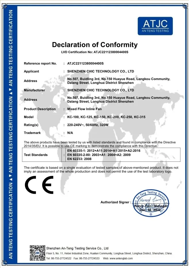 CE LVD Certificate - Mixed Flow Fan