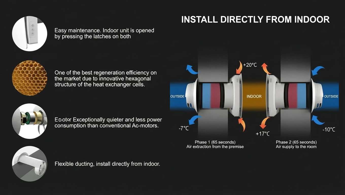 VT501 install directly from indoor desktop diagram showing heat recovery airflow and maintenance details