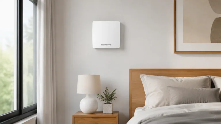 KCVENTS VT501 single-room HRV with indoor front panel installed on a bedroom wall