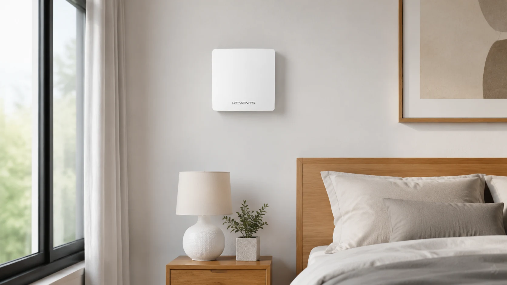 KCVENTS VT501 single-room HRV with indoor front panel installed on a bedroom wall