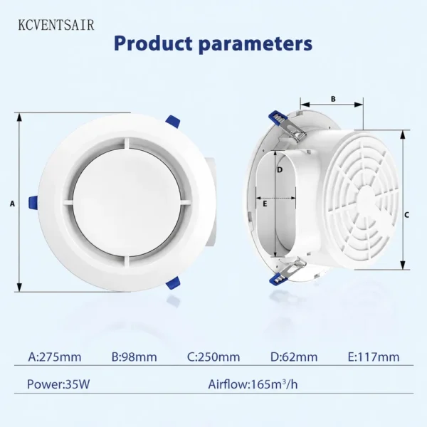 Schéma des dimensions du ventilateur d'extraction rond clipsable pour salle de bains