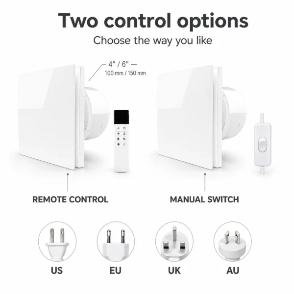 KCvents Wall / Windows EC Fan (WIFI) with two control options - remote control and manual switch - plus US, EU, UK and AU plug types, available in 4 inch (100 mm) and 6 inch (150 mm)