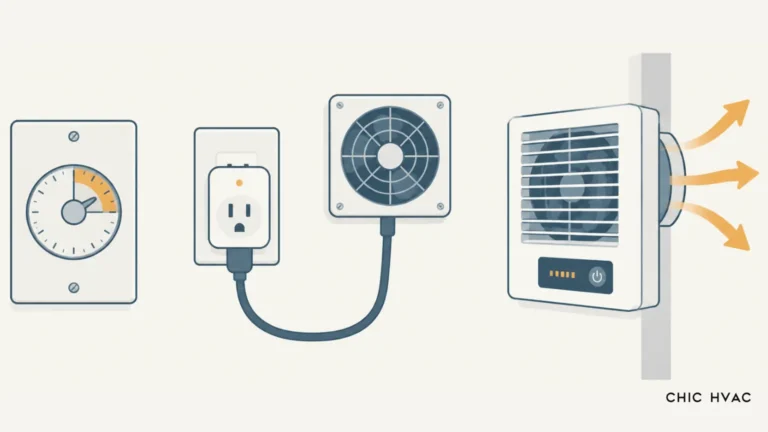 Flat vector diagram of three ways to automate an exhaust fan: an in-wall timer switch, a smart plug with cord, and a wall exhaust fan with control panel