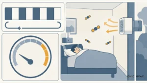 Flat vector illustration of intermittent ventilation: a bedroom with a sleeping occupant and CO2 molecules, an on-off duty cycle bar, and a CO2 gauge