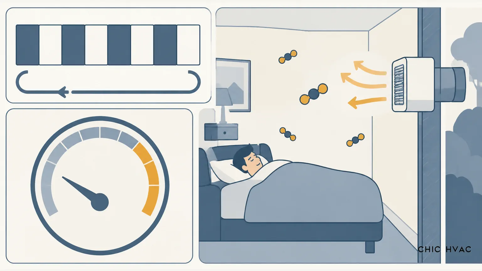Flat vector illustration of intermittent ventilation: a bedroom with a sleeping occupant and CO2 molecules, an on-off duty cycle bar, and a CO2 gauge
