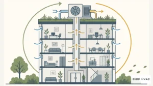 Flat vector cross-section of a multi-storey building with a green planted roof, a central ventilation riser with airflow arrows, and energy recovery loop