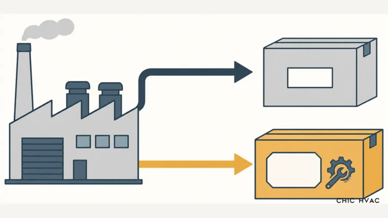 Flat vector diagram of one factory feeding two different product boxes, one generic and one customised with a label and tooling symbol